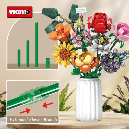 Flower Bouquet Building Set, 8 Artificial Flowers with Bee