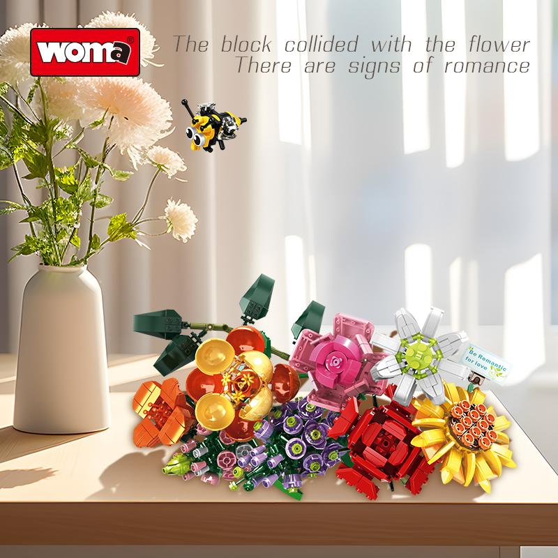 Flower Bouquet Building Set, 8 Artificial Flowers with Bee