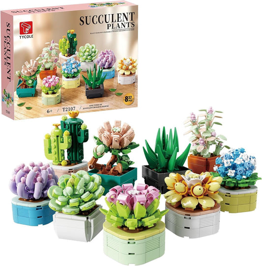 832-Piece Succulent Building Block Set – 9 Realistic Mini Plants for Home & Office Decor – Botanical Gift for Women & Girls